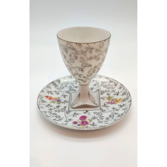 Cup and Saucer Demitasse Square Pedestal White with Silver Pink Flowers - Picture 4 of 7